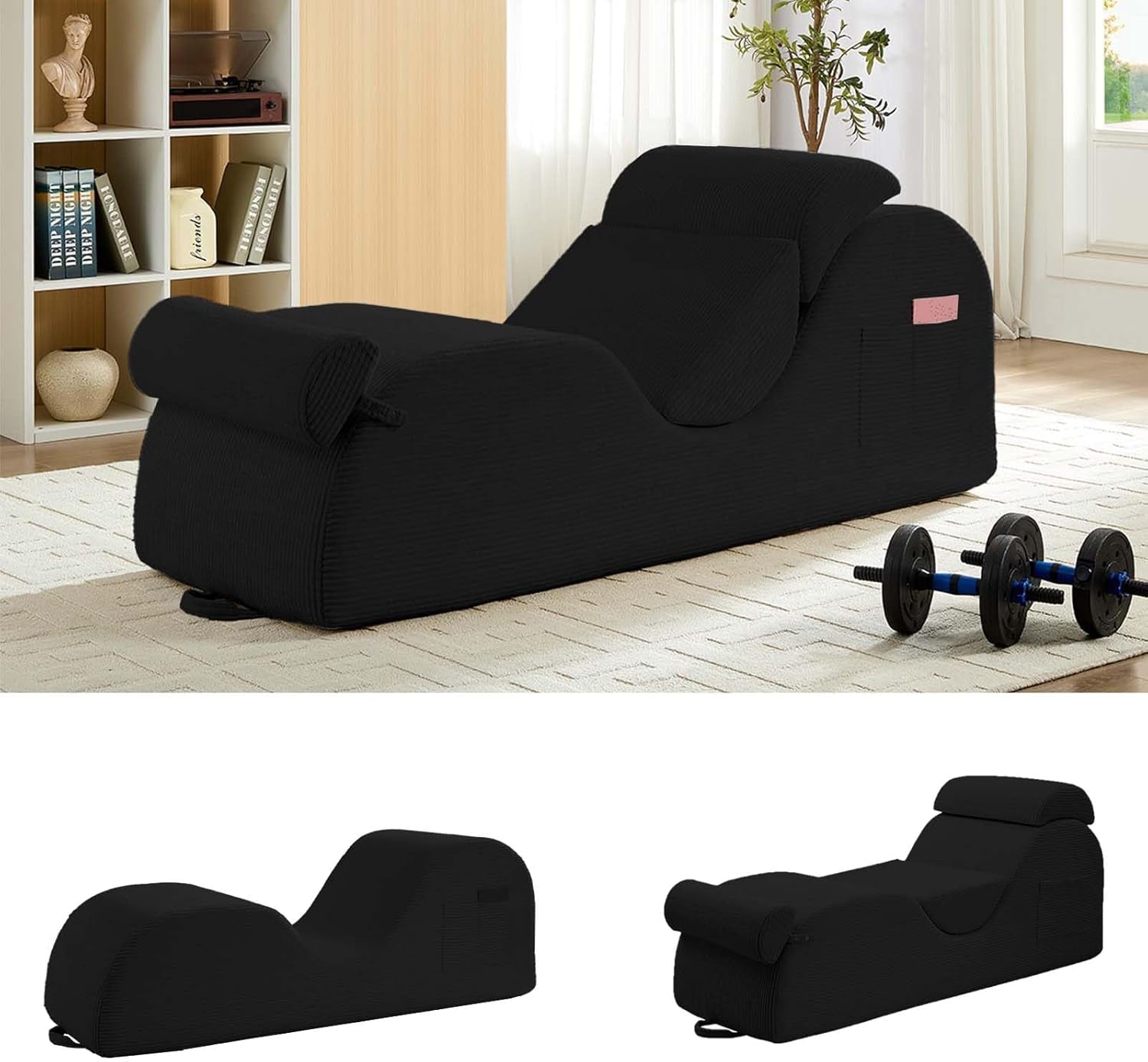 25" Wide Corduroy Yoga Chair, Yoga Lounge Chair for Adults, Chaise Lounge Chair Indoor/Yoga Lounger with Headrest, Waist Cushion, Movable Footrest, Side Pockets, High Density Sponge-Black