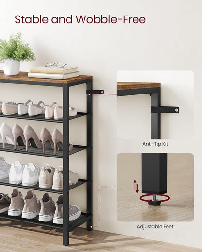 Shoe Rack, 5-Tier Shoe Storage Organizer with 4 Metal Mesh Shelves for 16-20 Pairs and Large Surface for Bags, for Entryway, Hallway, Closet, Industrial, Rustic Brown and Black ULBS15BX