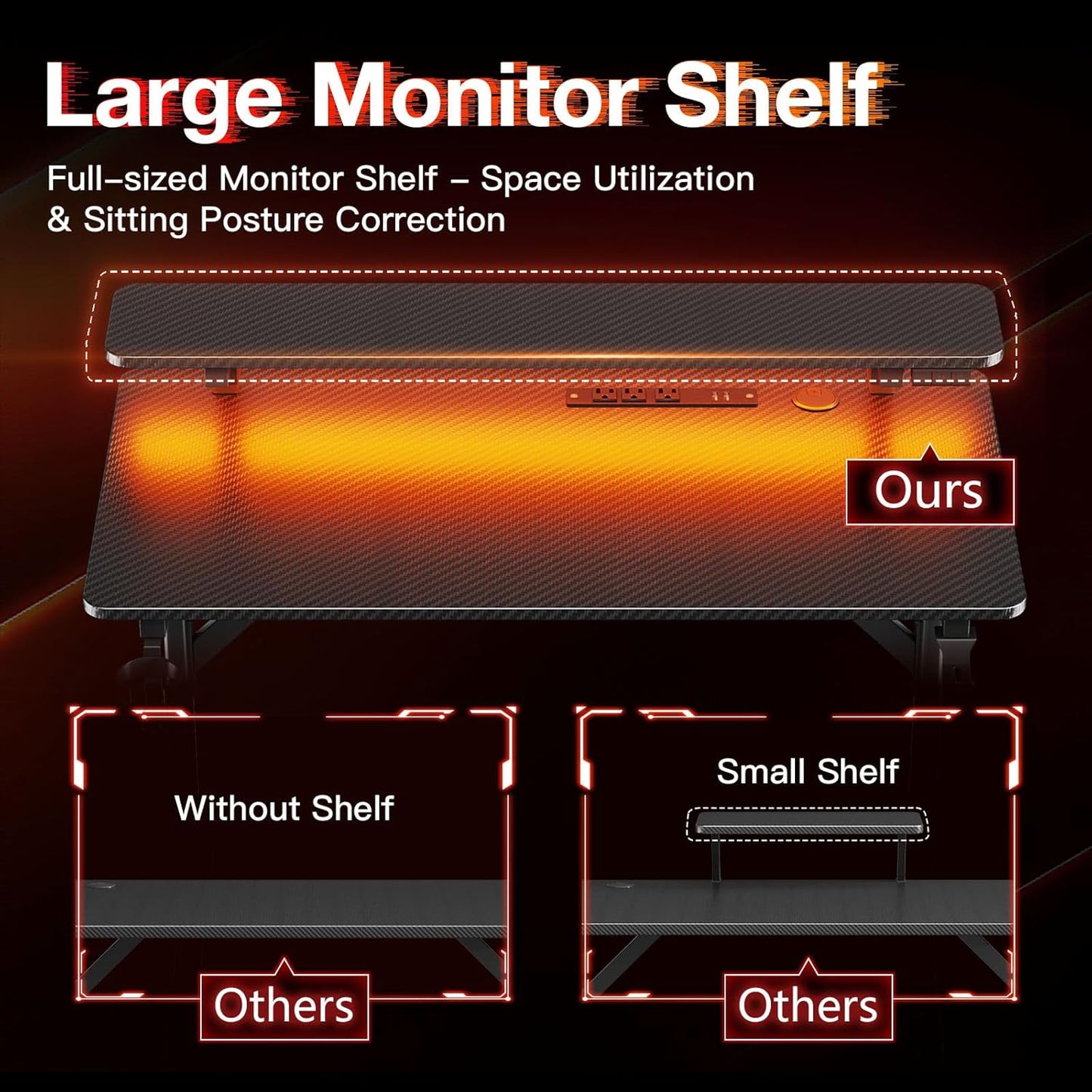 32 Inch Small Gaming Desk with LED Lights & Power Outlets, Computer Desk Gaming Table with Monitor Shelf, Gamer Desk with Carbon Fiber Texture, Kids Boys Desk Gift for Men