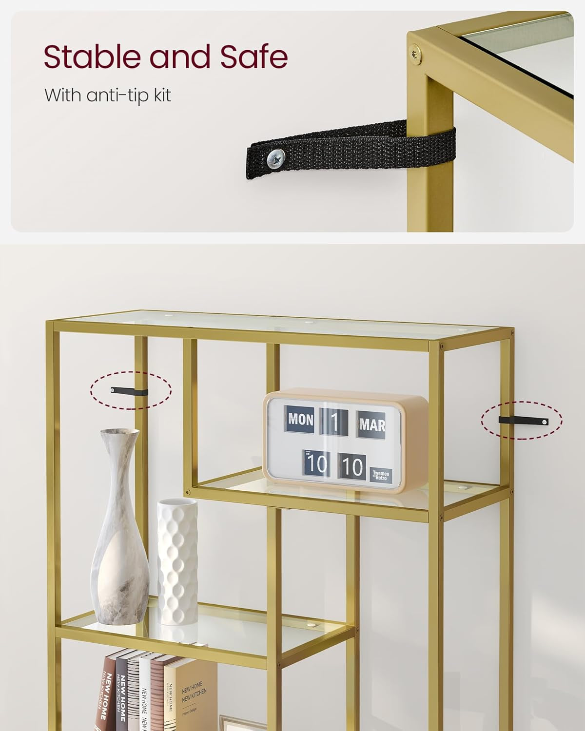 Bookcase, 4-Tier Bookshelf, Freestanding Shelf, 11.8 X 39.4 X 40.6 Inches, Storage Shelf, for Living Room, Office, Bedroom, Kitchen, Transparent and Pale Gold ULGT509A01
