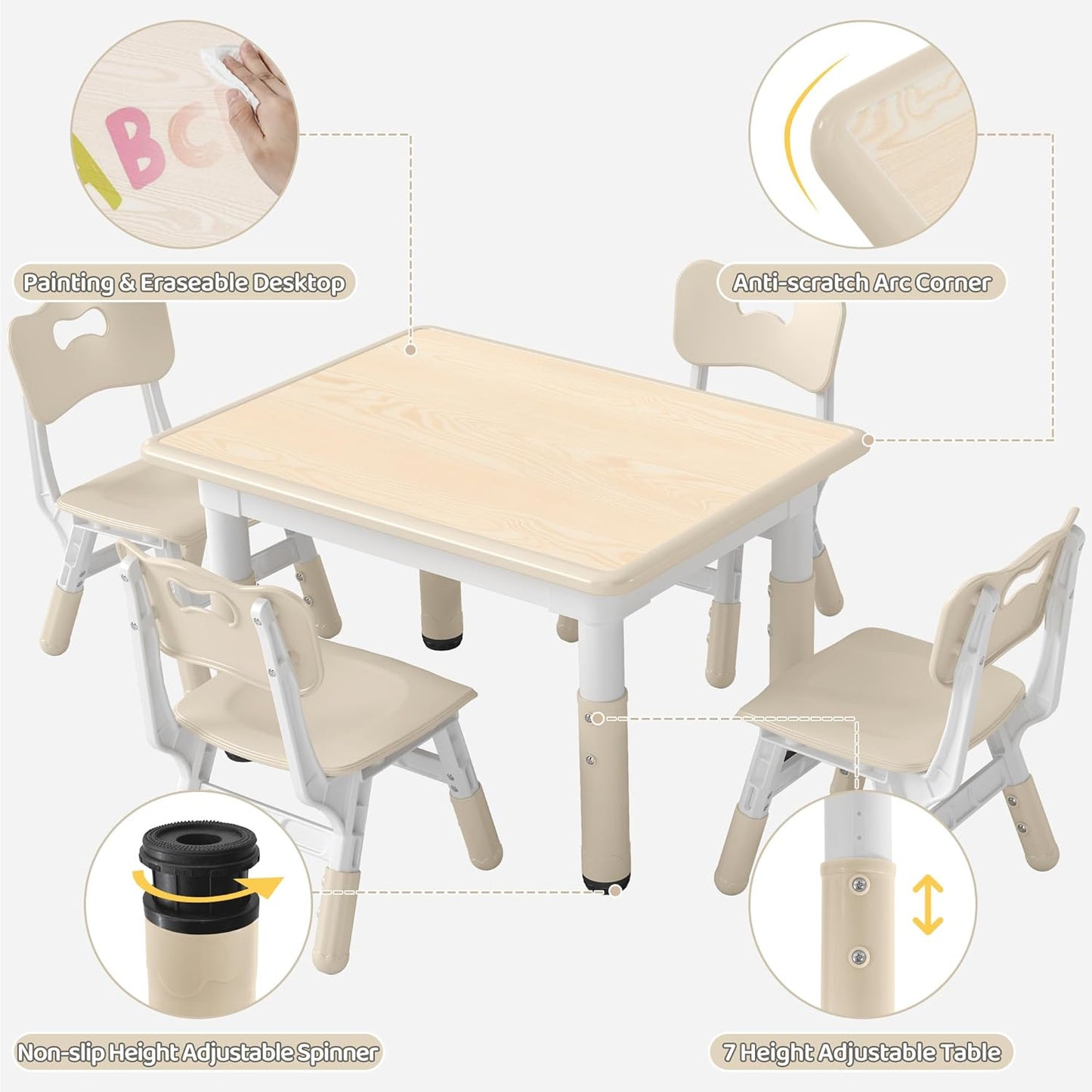 Height-Adjustable Kids Table and 4 Chairs Set, Toddler Table and Chair Set with Graffiti Desktop, 31.5''L X 23.6''W Children Activity Table for Daycare, Classroom, Home