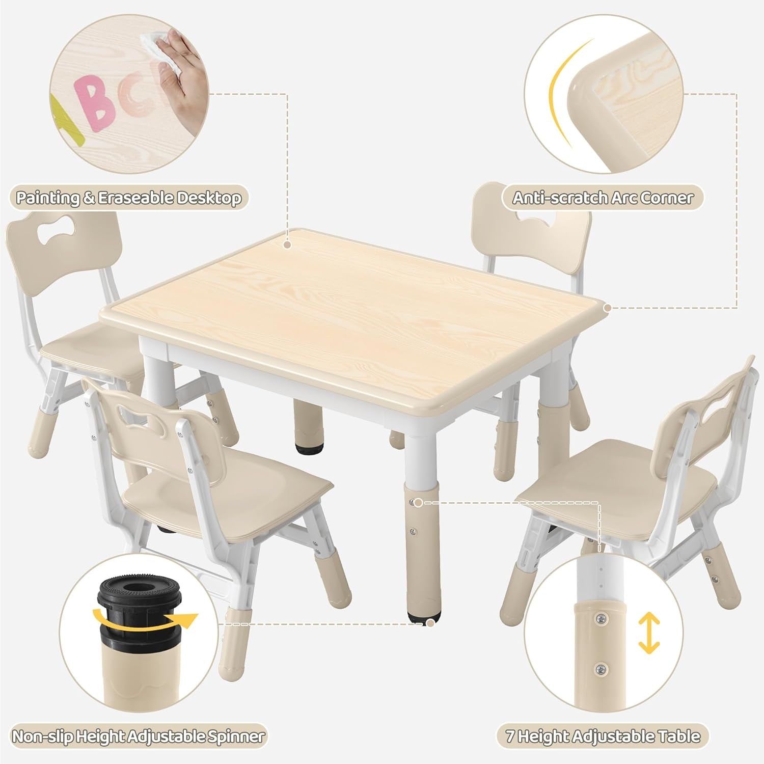 Height-Adjustable Kids Table and 4 Chairs Set, Toddler Table and Chair Set with Graffiti Desktop, 31.5''L X 23.6''W Children Activity Table for Daycare, Classroom, Home