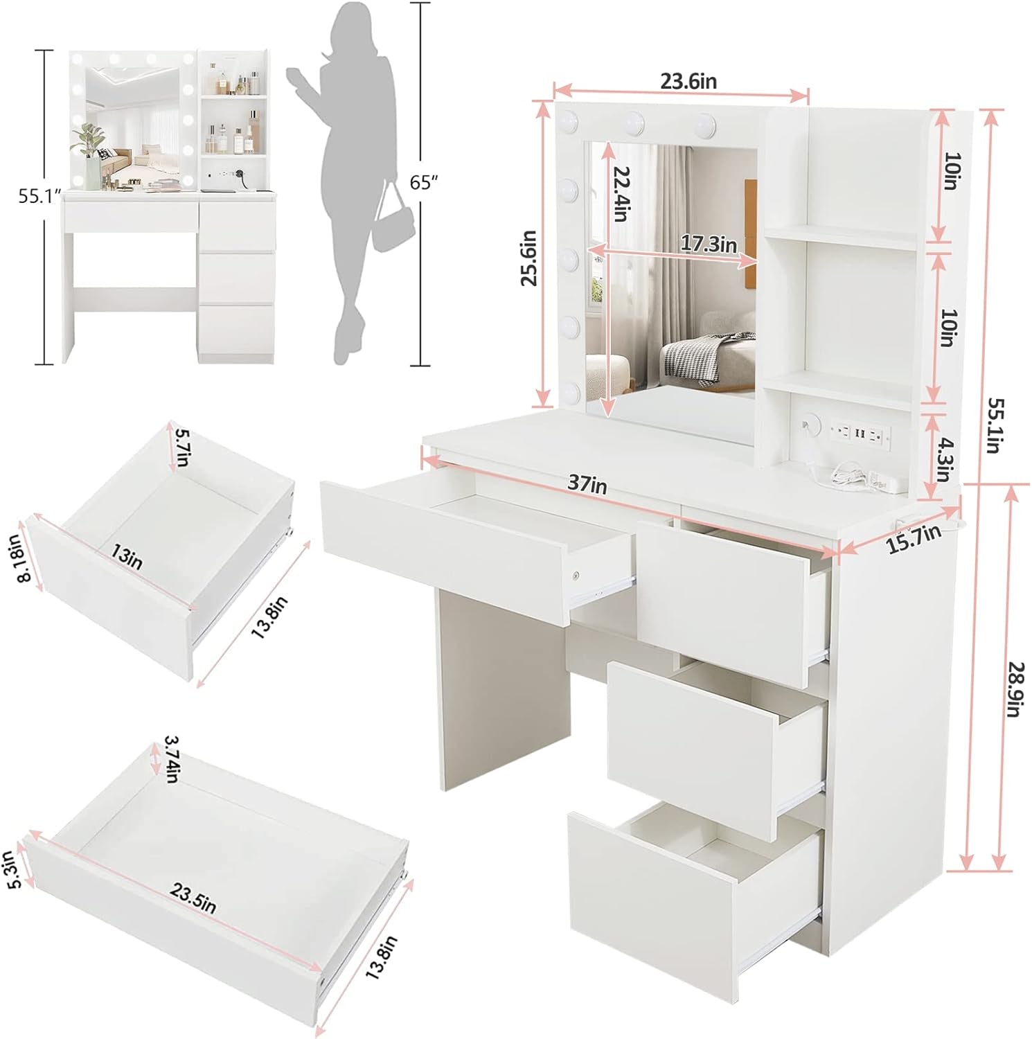 Makeup Vanity with Lights, 37Inch Vanity Desk with Power Strip, 4 Drawers Makeup Table with Lighted Mirror, 3 Lighting Colors, White