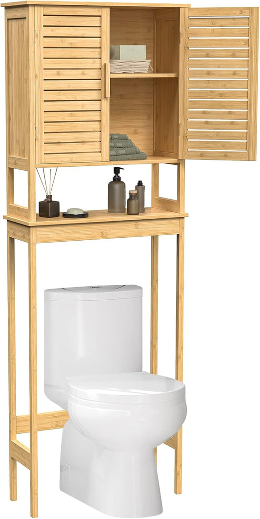 over the Toilet Storage Cabinet, Bathroom Cabinet with Adjustable inside Shelf and Bottom Stabilizer Bar, Space-Saving Toilet Rack, Natural Beige UBTS010N01