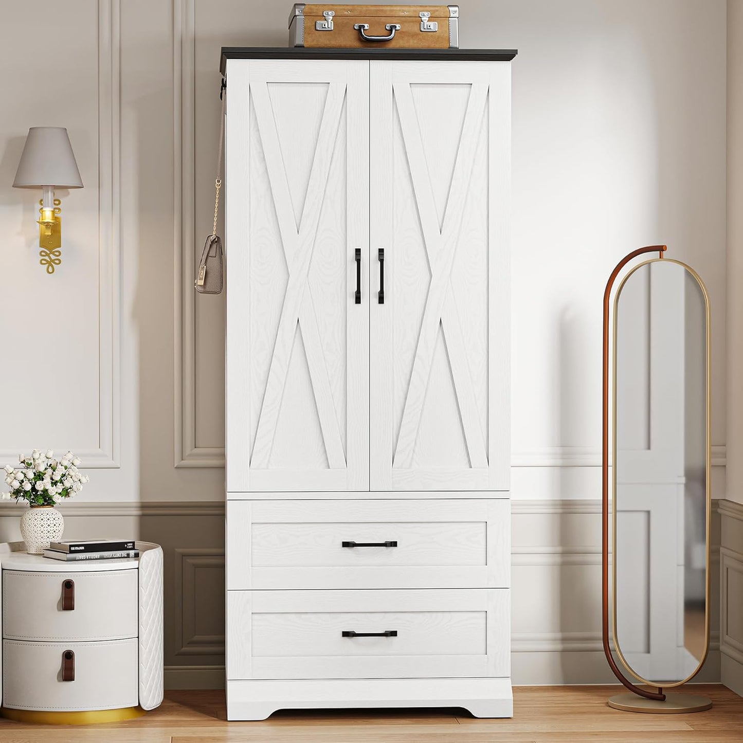 Armoire Wardrobe Closet 70.9" H, Bedroom Wooden Wardrobe with 2 Doors, 2 Drawers and Sensor Light, Clothing Storage Cabinet Organizer Combination with Hanging Rod, Hooks, White