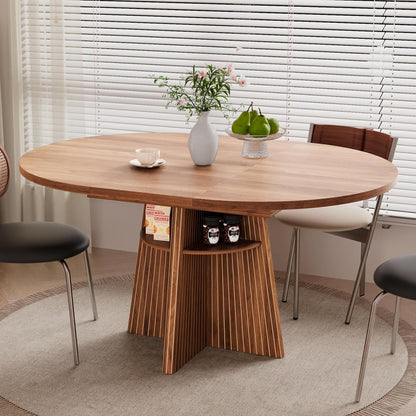 43.3In-59In Extendable Dining Room Table for 4-8, round Expandable Kitchen Table with Fluted Base, Modern Oval Dinner Tables with 4 Storage Shelves for Kitchen Living Room (Black, 43.3In)
