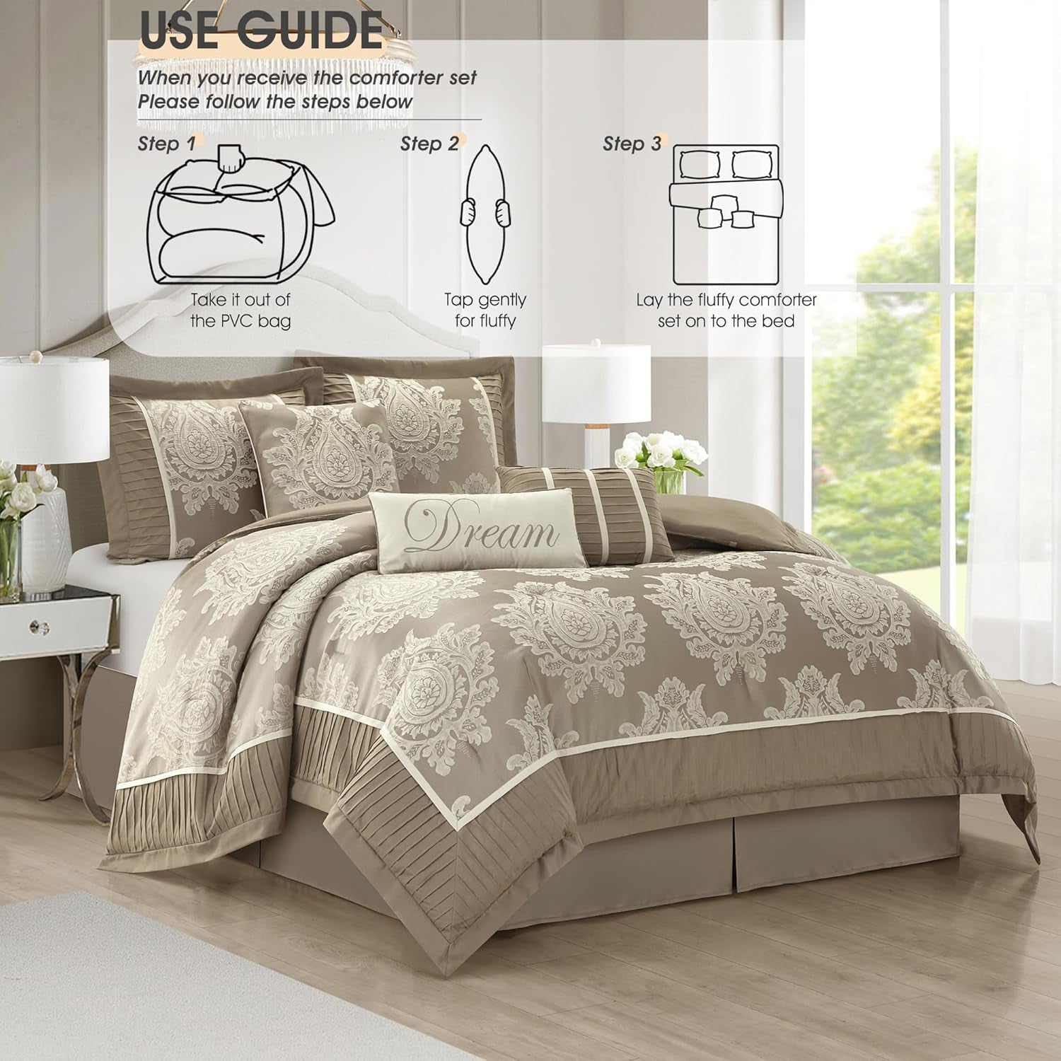Beige King Size Comforter Set 7 Pieces, Jacquard Woven with Damask, Bedding Set in a Bag Includes Comforter, Bed Skirt, Pillow Shams, and Decorative Pillows