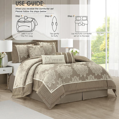Beige King Size Comforter Set 7 Pieces, Jacquard Woven with Damask, Bedding Set in a Bag Includes Comforter, Bed Skirt, Pillow Shams, and Decorative Pillows