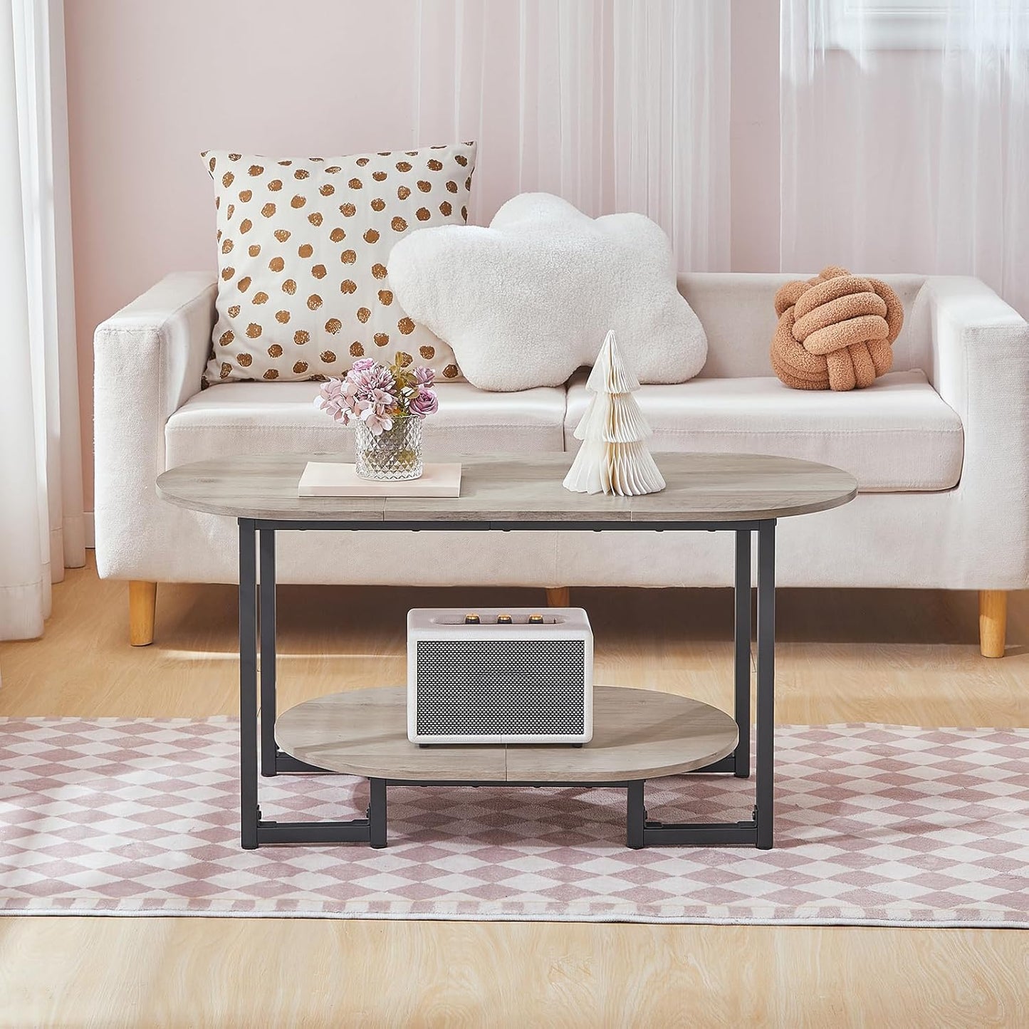 Coffee Table for Living Room, Oval Small Coffee Table with 2-Tier Open Storage Shelf, Industrial Cocktail Tea Table, Wooden Desktop Center Table, Farmhouse, Home Office, Greige BG09KF01