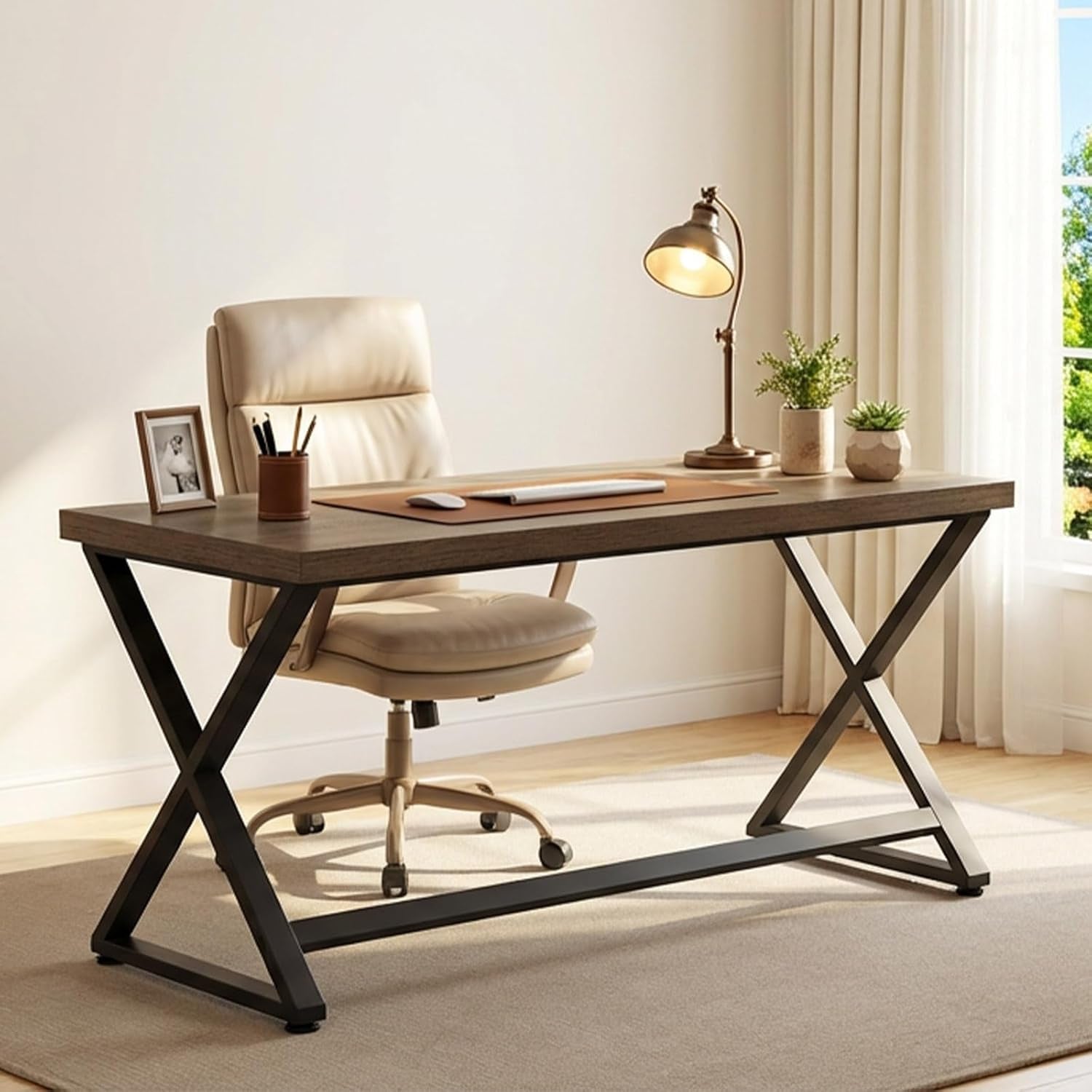 47 Inch Computer Desk, Rustic Home Office Desk for Writing, Industrial Wood Metal Executive Work Study Desk, Modern Simple PC Gaming Computer Table for Study Workstation, Rustic Oak