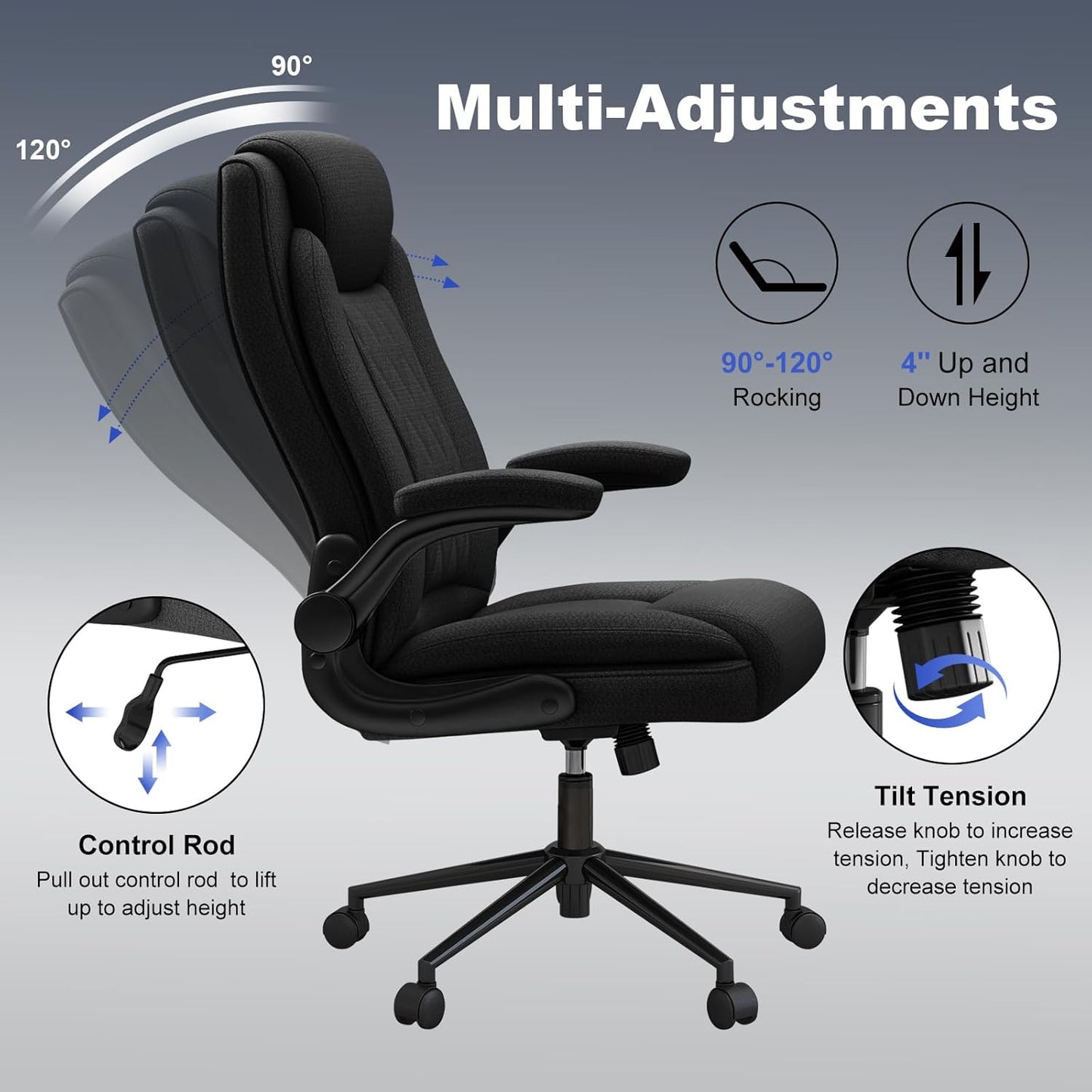 Office Chair, Heavy Duty High Back Breathable Fabric Big and Tall Executive Computer Desk Chair with 120° Tilt Rock, Flip up Arm, Hold up to 500Lbs for Big Man (Black)