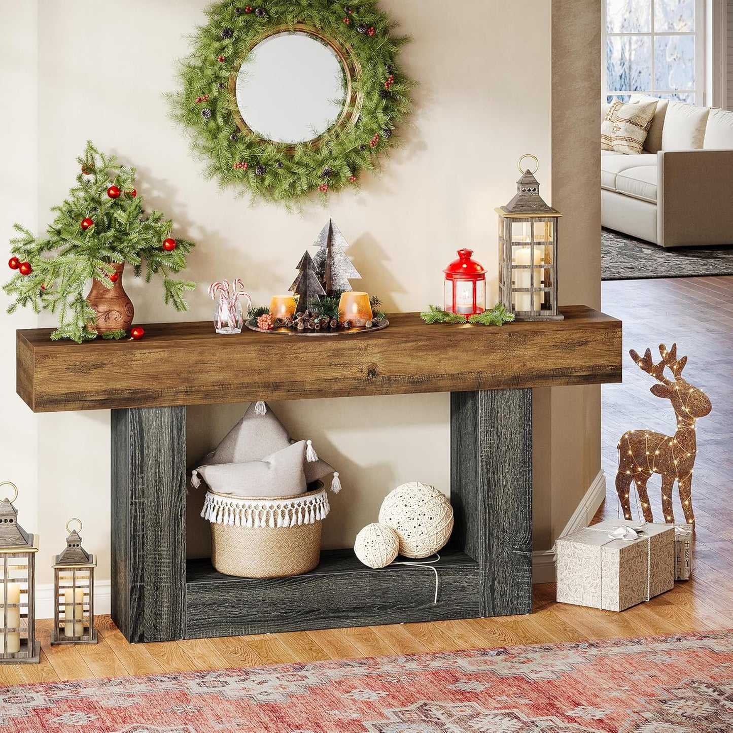 63-Inch Long Console Table, 2-Tier Entryway Table Sofa Table with Storage, Farmhouse Wood behind Couch Tables for Living Room, Hallway, Rustic Brown & Gray