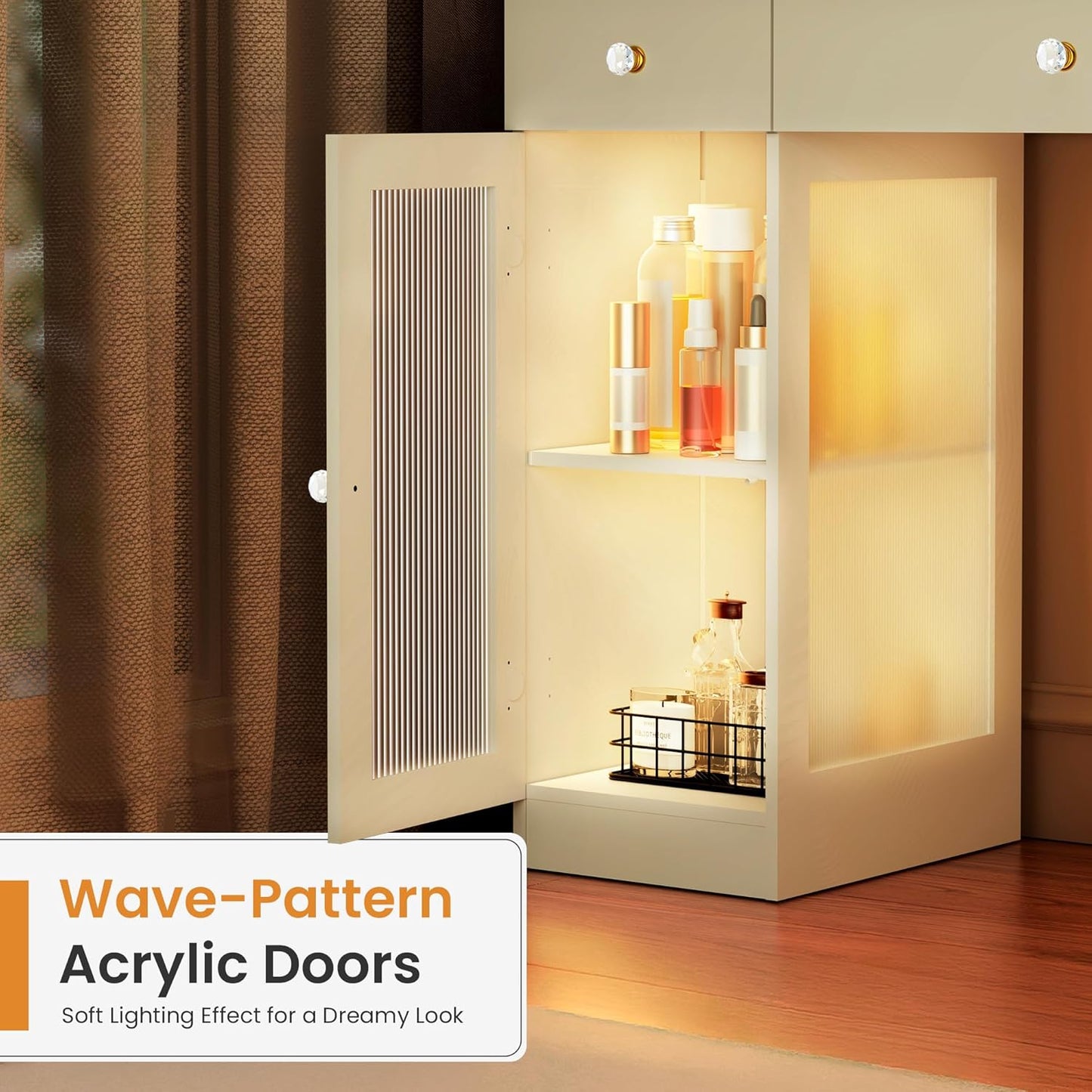 Makeup Vanity with Crystal Knobs, Glass Top Vanity Desk with Mirror and Lights, Power Outlet, Drawers and Cabinet, 3 Lighting Color Adjustable Dressing Table, Upgraded Silent Slides, White