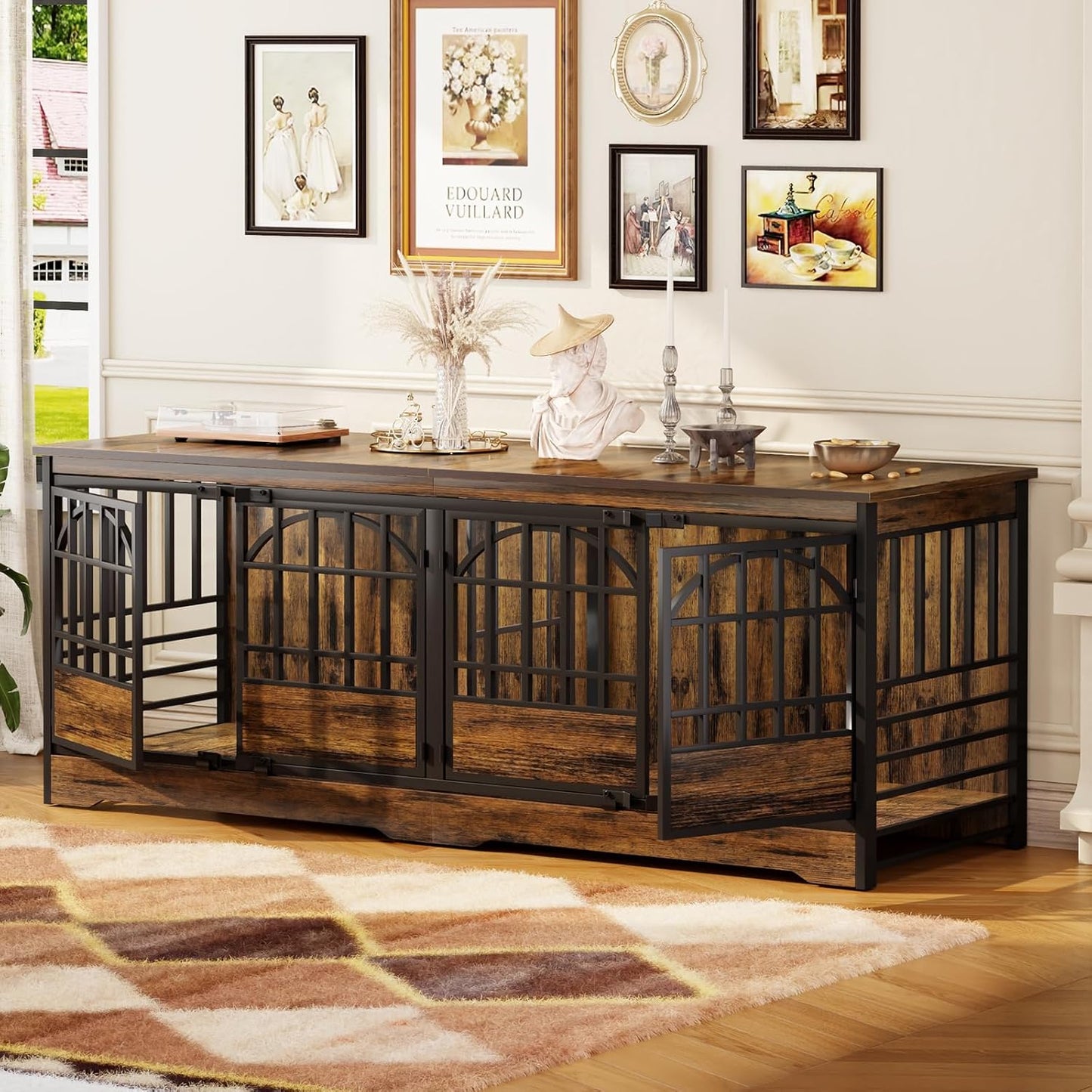 78 Inch Double Dog Crate Furniture, Extra Large Dog Kennel Indoor with Divider, Heavy Duty Dog Cage for 2 Dogs, Decorative Wooden Dog House Decorative Table TV Stand, Pet House for Xlarge Dogs,Brown