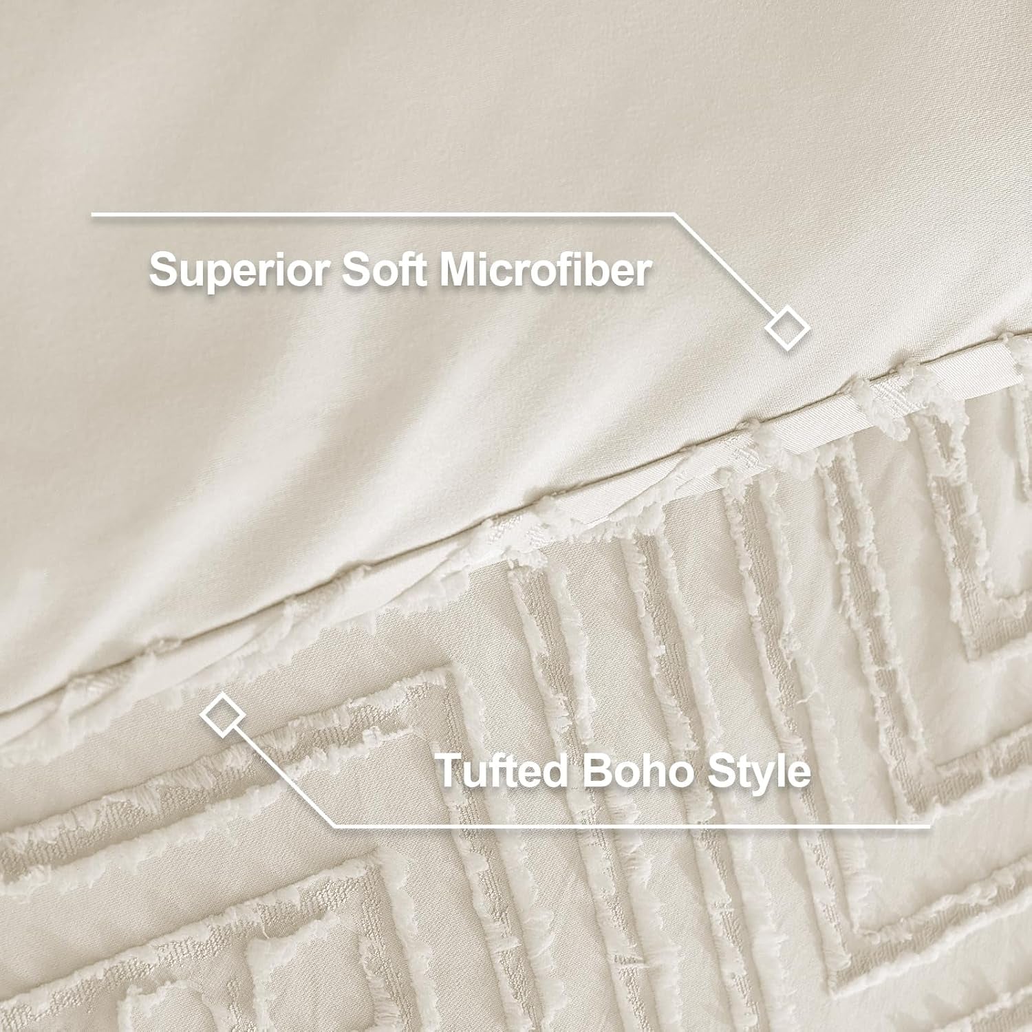 Queen Comforter Set Beige, 3 Pieces Cream Tufted Boho Farmhouse Bedding Comforter Sets, Lightweight Fluffy Comforter Bed Set for All Season (90X90In Comforter and 2 Pillowcases)