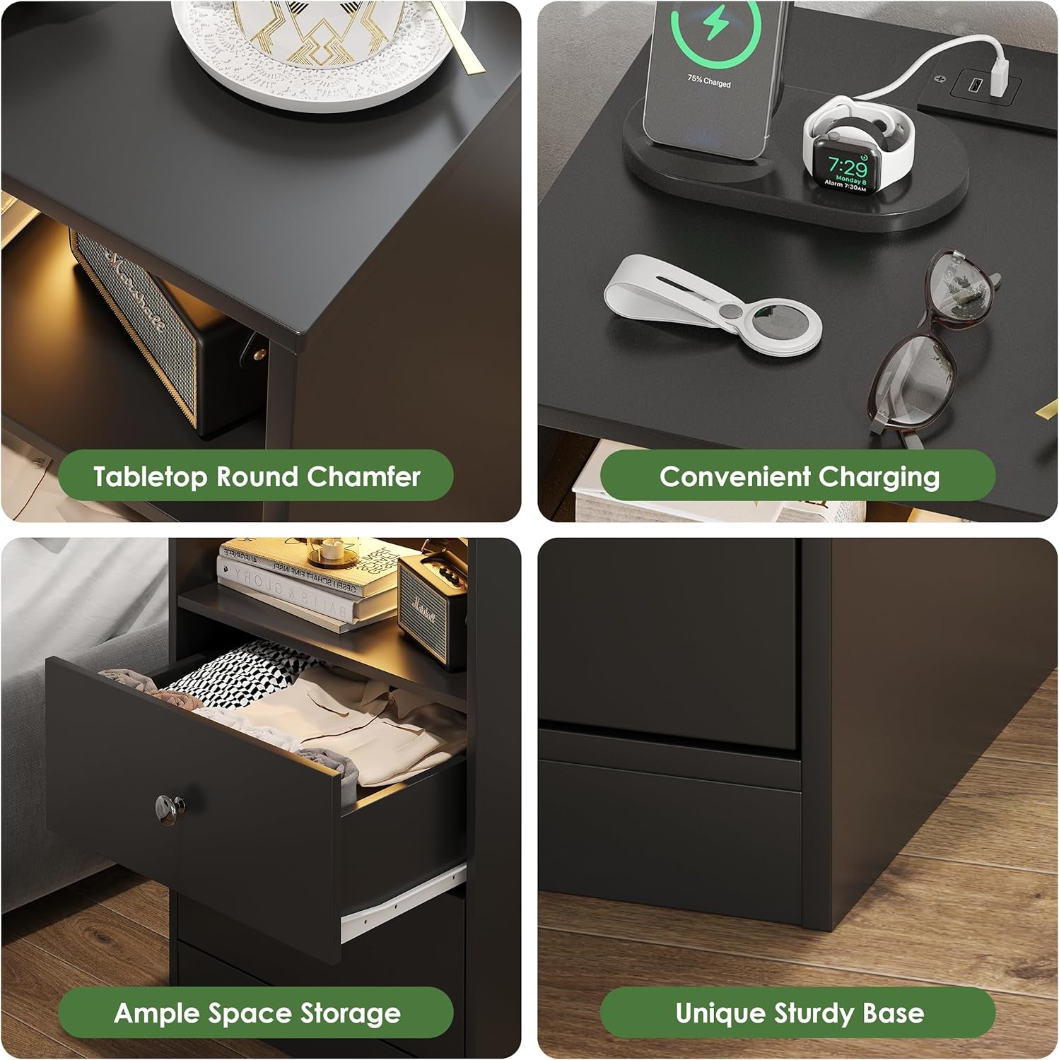 LED Wood Night Stand with Charging Station, Black Nightstand Bedside Table with 2 USB Ports & Outlets, Nightstands with 2 Large Drawers, End Side Table Dresser with Storage Shelf for Bedroom.