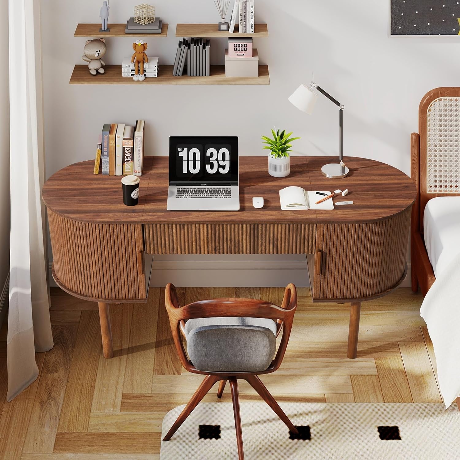 Home Office Oval Desk with Sliding Tambour Door and Drawer, Modern Fluted Wood Executive Computer Storage Desk for Study, Living Room, Bedroom, Office - Walnut