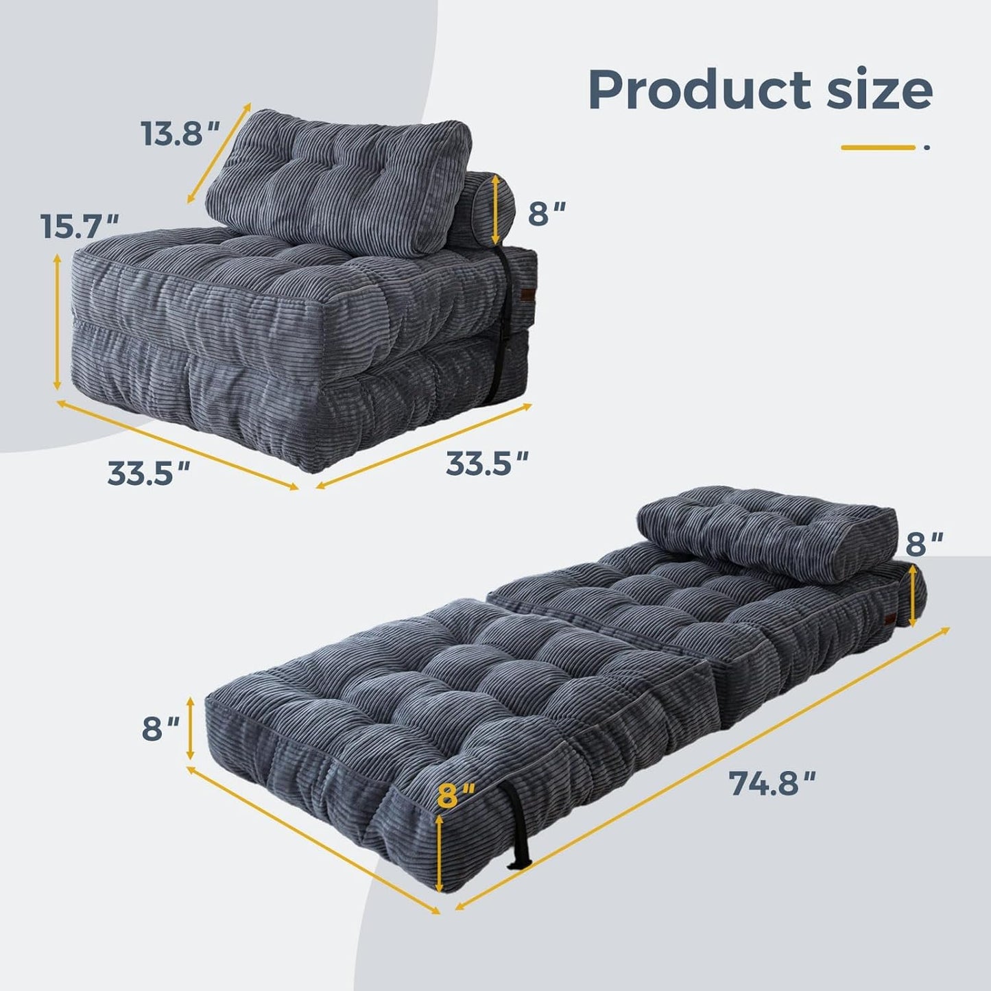 Folding Sofa Bed, Convertible Sleeper Chair with Pillow Foldable Mattress with Back Support, Portable Fold Out Chair Bed Comfy Floor Sofa Lounge for Living Room Bedroom, Dark Grey, Single