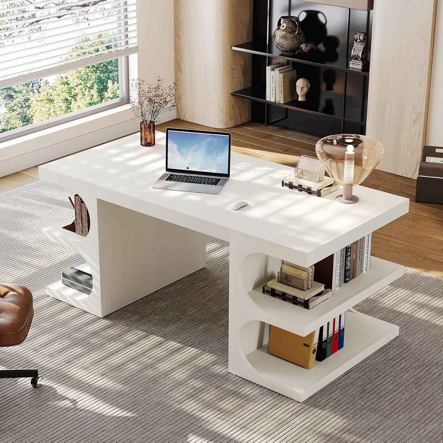 White Executive Office Desk, 63" Computer Desk with Storage Shelves, Modern Wood Study Writing Table, Large Workstation Business Furniture for Home Office (Table Only)
