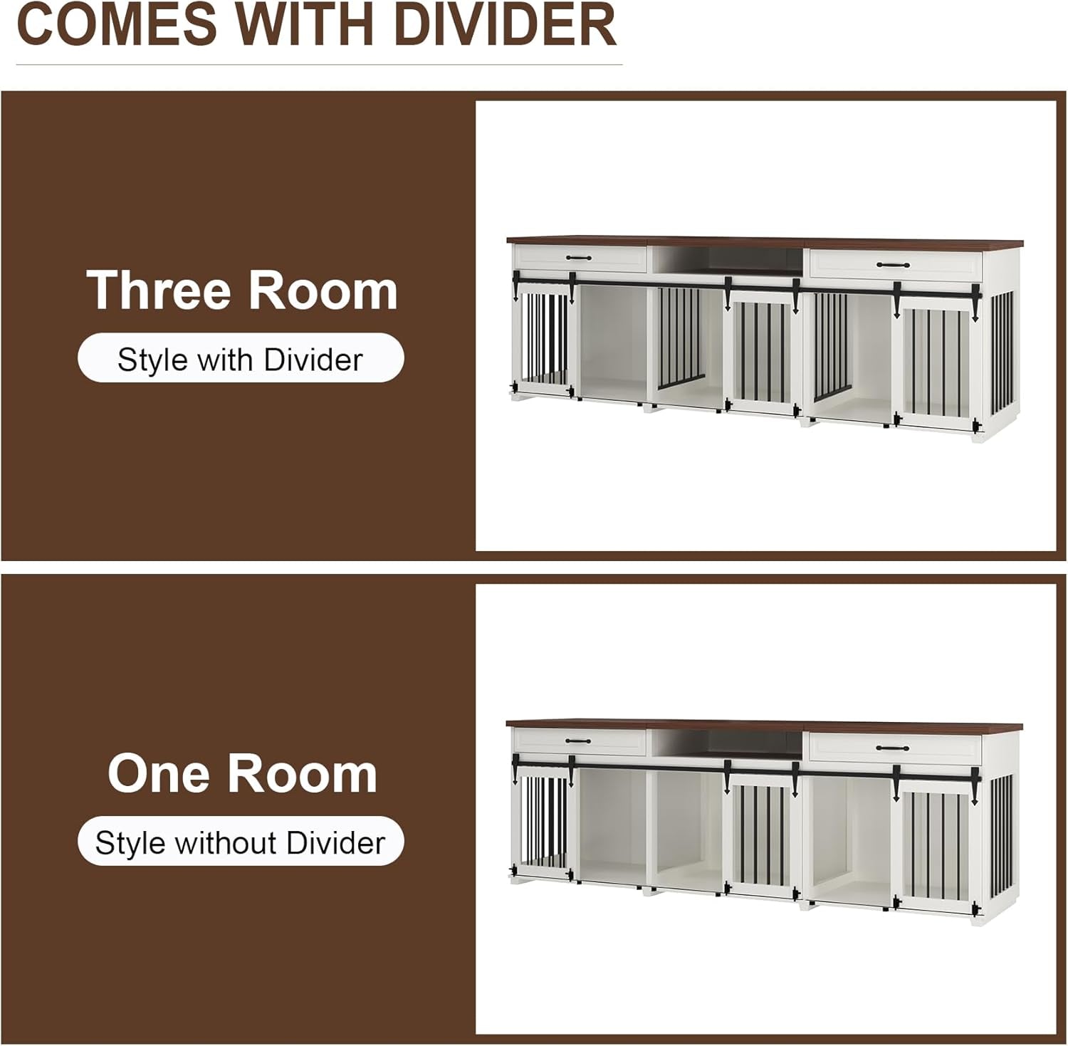 Dog Crate Furniture - Indoor Wooden Farmhouse Large Dog Kennel Fureniture for 3 Dogs, with Sliding Barn Doors, 2 Drawers & 1 Shelf, 95" Lx23.6 Wx31.5 H, White