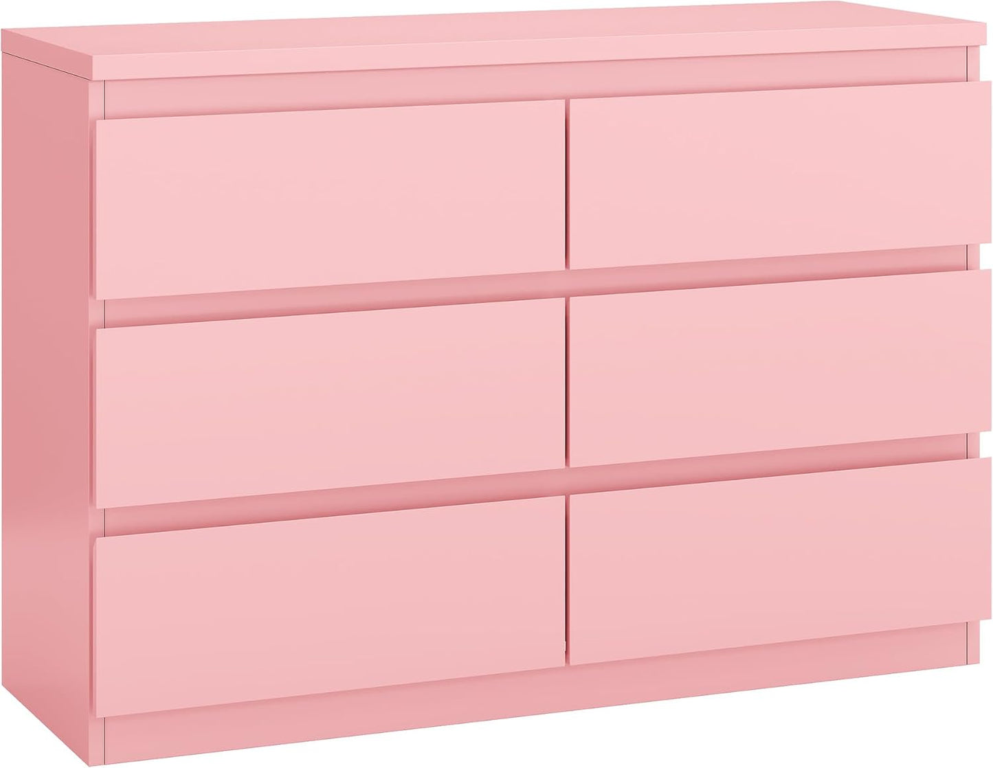 Modern Pink 6 Drawer Dresser - Simply Chest of Drawers for Bedroom, Closet, Living Room, Hallway, Entryway, Wood Storage Double Dresser with Smooth Metal Rails - Pink