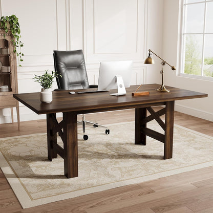 Dining Table for 6-8, 71" Long Large Wooden Farmhouse Kitchen Table with Thick Sturdy Frame, Rectangular Dining Room Dinner Table with Stable Triangular Legs for Kitchen,Office, Rustic Gray