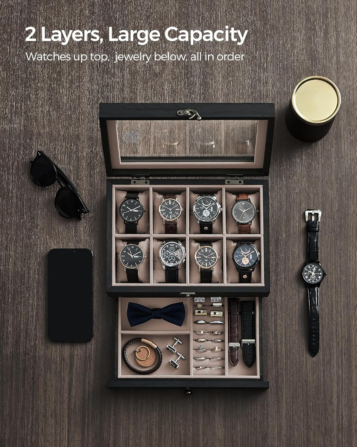 8-Slot Watch Box, 2-Tier Watch Display Case with Large Glass Lid, Removable Watch Pillows, Velvet Lining, Jewelry Box, Gift Idea, Ebony Black UJOW008B01
