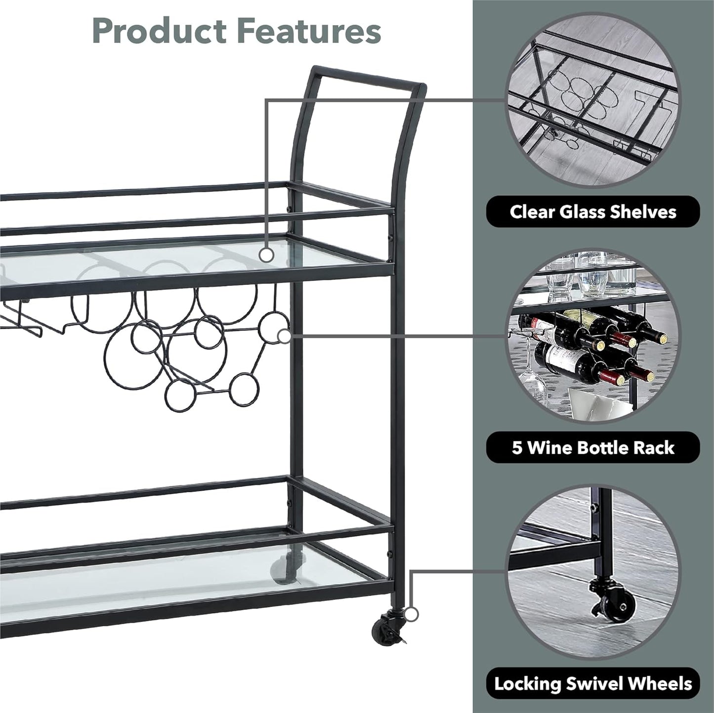 & Co. Black Francesca Bar Cart, 2 Tier Mobile Mini Bar, Kitchen Serving Cart and Coffee Station with Storage for Wine and Glasses, Metal and Glass, Modern