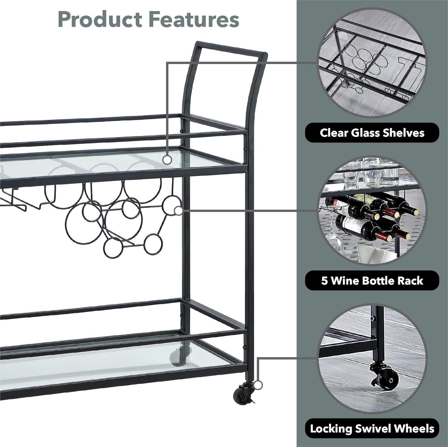 & Co. Black Francesca Bar Cart, 2 Tier Mobile Mini Bar, Kitchen Serving Cart and Coffee Station with Storage for Wine and Glasses, Metal and Glass, Modern