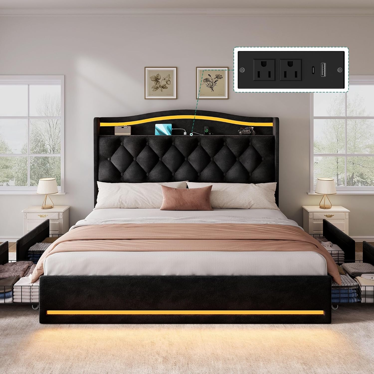 Queen Size Bed Frame with 4 Storage Drawers and RGB LED Lights, 57'' Tall Headboard Velvet Upholstered Bed with Charging Station, No Box Spring Needed, Easy Assembly, Noise-Free, Black