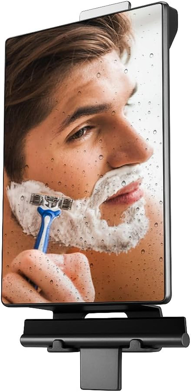 Fogless Shower Mirror for Shaving – anti Fog Mirror for Shower with Water Tank, Adhesive Hook Mount, Bonus Razor Holder & Squeegee – for Men and Women, Small Bathroom Accessory (Black)