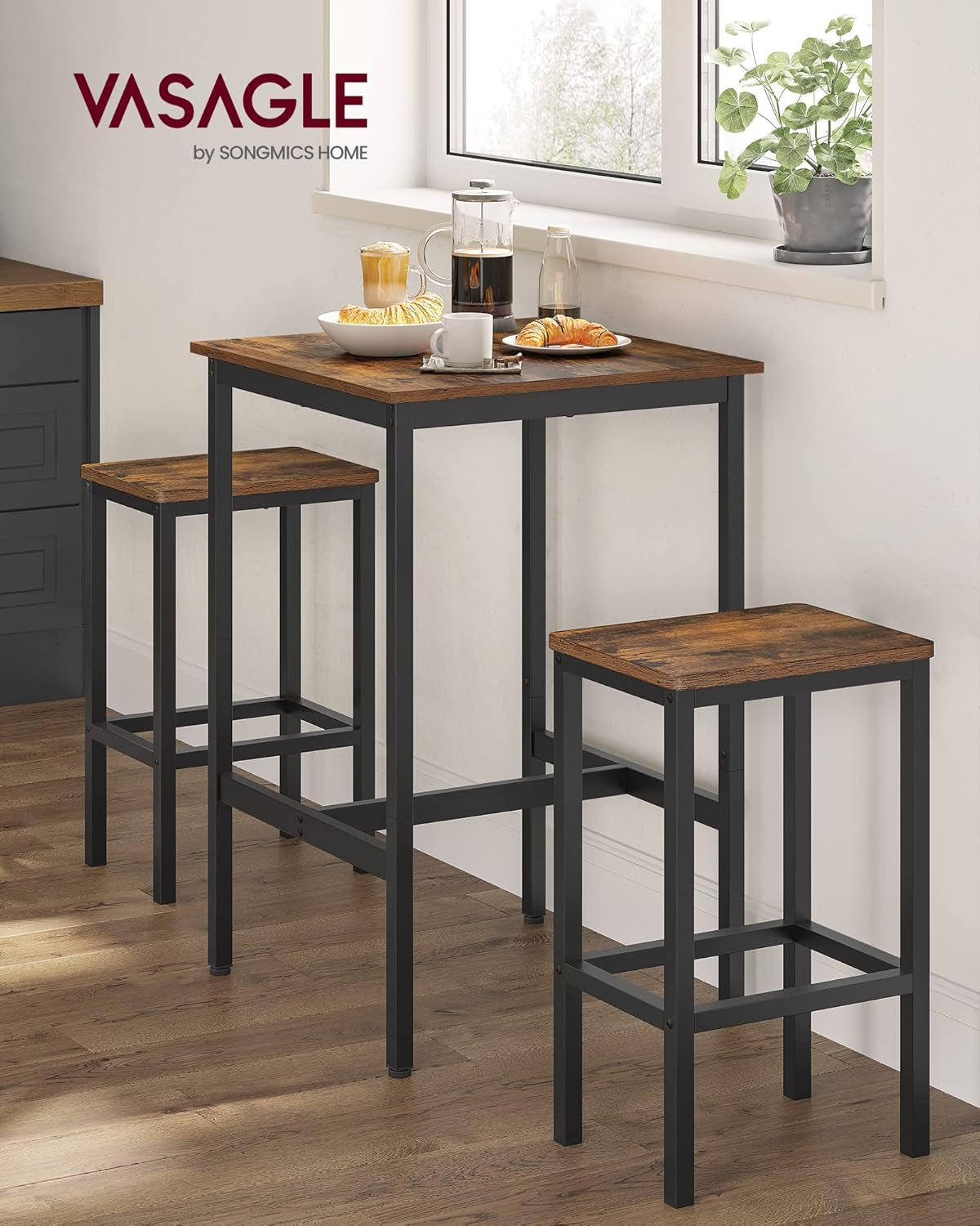 Bar Table and Chairs Set, Square Table with 2 Stools, Dining Pub Set for 2, Space Saving for Kitchen Breakfast, Living Room, Party Room, Rustic Brown and Ink Black
