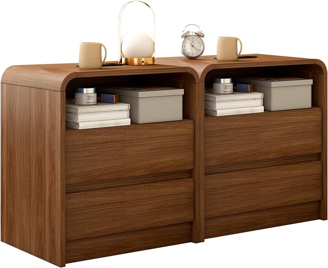 23.6" Walnut Nightstand Set of 2 with Charging Station, Anti-Collision Mid Century Modern Bedside Table with 500 LB Capacity, Soft Close Drawers Night Stand with Hidden Storage for Bedroom