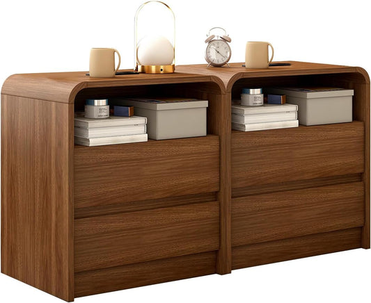 23.6" Walnut Nightstand Set of 2 with Charging Station, Anti-Collision Mid Century Modern Bedside Table with 500 LB Capacity, Soft Close Drawers Night Stand with Hidden Storage for Bedroom