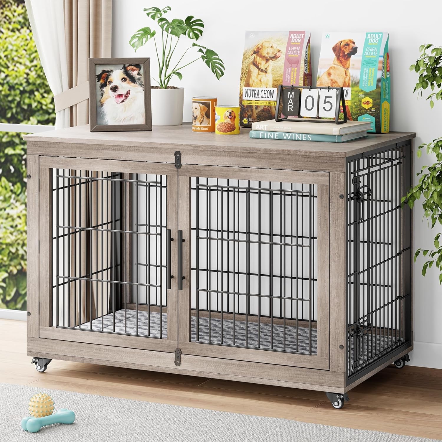 Dog Crate Furniture with Cushion, Wooden Dog Kennel Indoor with Double Doors, Dog Cage with Wheels, Dog House Side End Table for Large Dogs up to 85 Lb, 44" L, Grey