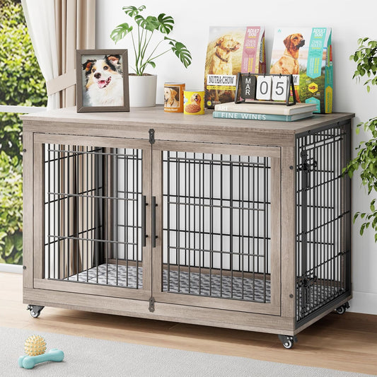 Dog Crate Furniture with Cushion, Wooden Dog Kennel Indoor with Double Doors, Dog Cage with Wheels, Dog House Side End Table for Large Dogs up to 85 Lb, 44" L, Grey