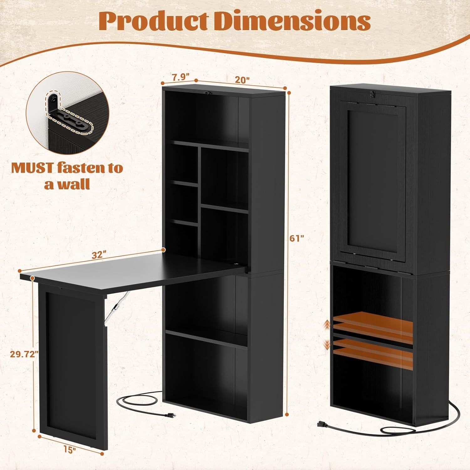 Small Folding Desk with Outlets, Convertible Writing Desk for Small Spaces/Home Office/Craft Room, Multi-Function Desk Workstation with Blackboard, Fold-Out Cabinet Table, Black