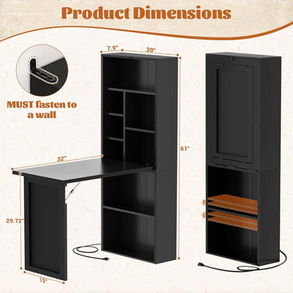 Small Folding Desk with Outlets, Convertible Writing Desk for Small Spaces/Home Office/Craft Room, Multi-Function Desk Workstation with Blackboard, Fold-Out Cabinet Table, Black