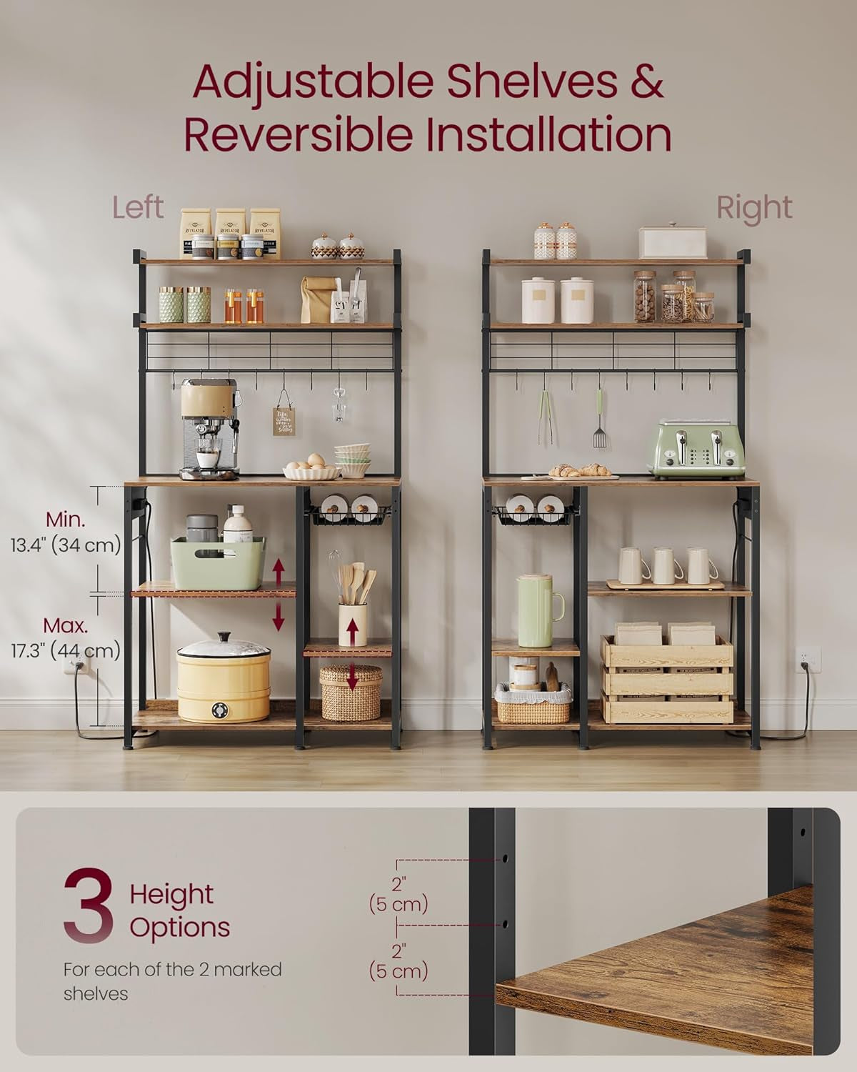 Bakers Rack with Power Outlet, 35.4 Inches Microwave Stand, Coffee Bar, 4 AC Outlets, with Adjustable Shelves, 8 S-Hooks, Basket, Spice Racks, Heather Greige and Ink Black UKKS031K02