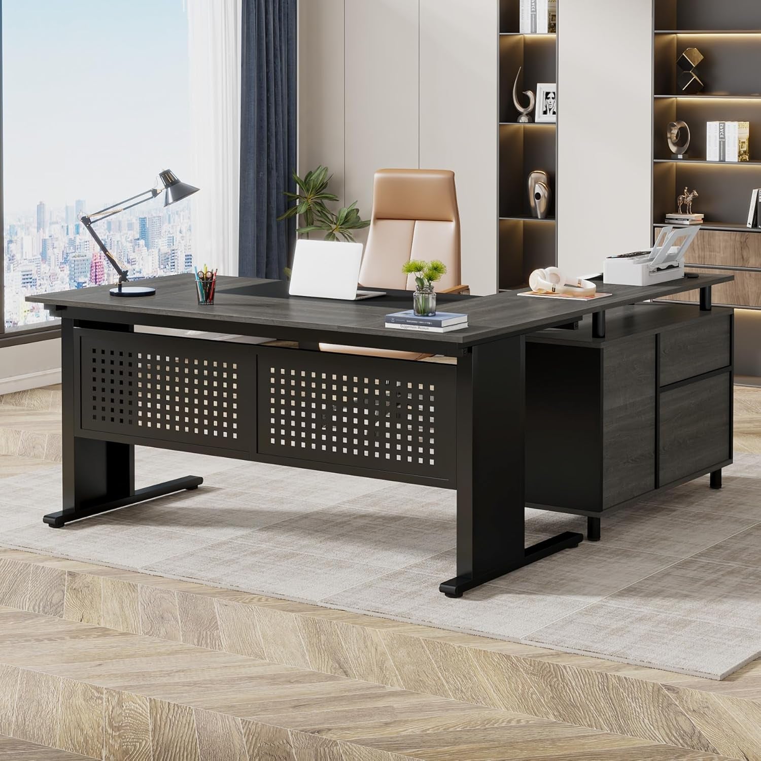 63 Inch Executive Desk with File Cabinet, L Shaped Office Desk with Drawers and Storage Shelves, Business Furniture Set Workstation for Home Office, Gray and Black