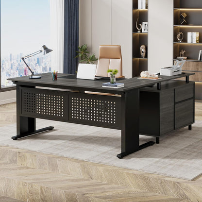 63 Inch Executive Desk with File Cabinet, L Shaped Office Desk with Drawers and Storage Shelves, Business Furniture Set Workstation for Home Office, Gray and Black