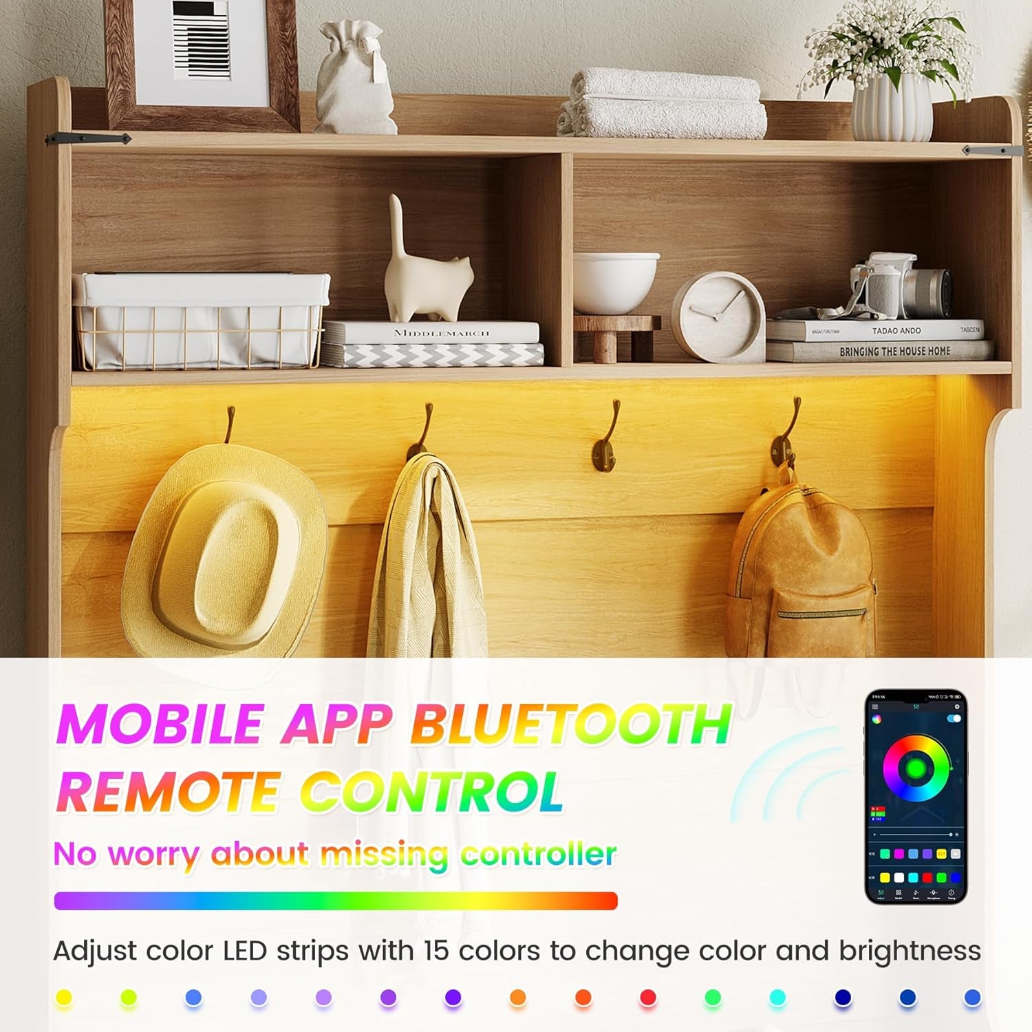 67" Entryway Hall Tree with Bench and Shoe Storage, 5-In-1 Coat and Shoe Rack, Mudroom Bench with Storage and 4 Hooks, Adjustable LED Sensor Light, Modern Boho Fluted Coat Tree, Walnut