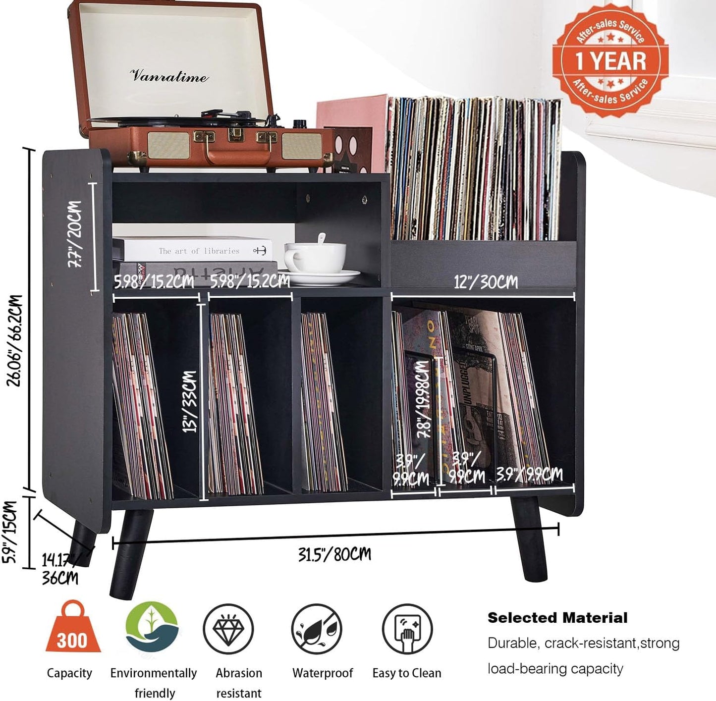 Record Player Stand, Large Record Player Table Cabinet with Open Vinyl Storage and Display Shelf Holds up to 350 Albums, Mid Century Wood Turntable for Living Room
