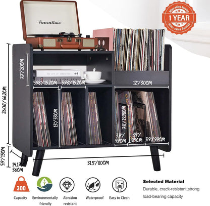 Record Player Stand, Large Record Player Table Cabinet with Open Vinyl Storage and Display Shelf Holds up to 350 Albums, Mid Century Wood Turntable for Living Room