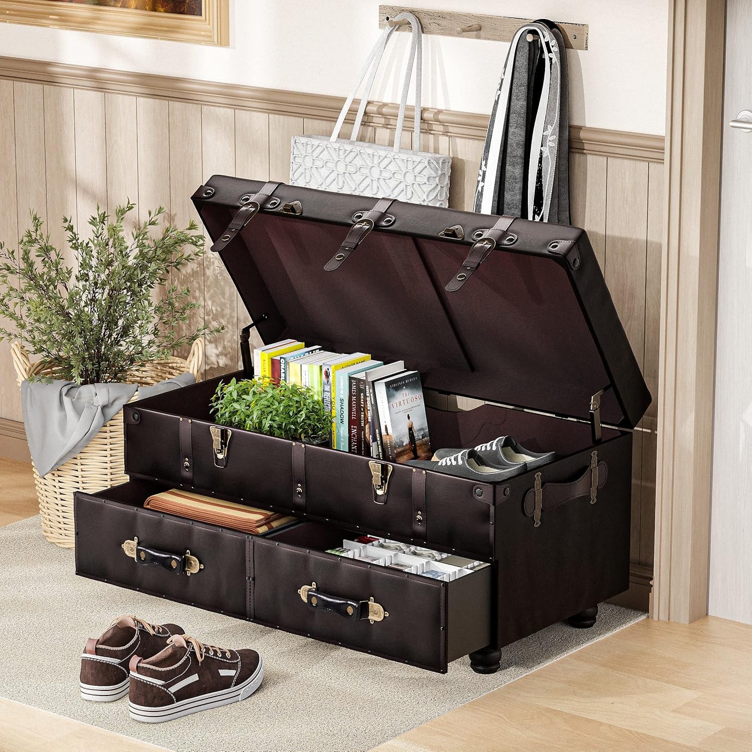 Vintage Treasure Chest Bench with Latch Closure and Buckle Trunk, Farmhouse Faux Leather Storage Ottoman Bench for Living Room, Entryway, Bedroom, Sponge Padded ，Black Brown