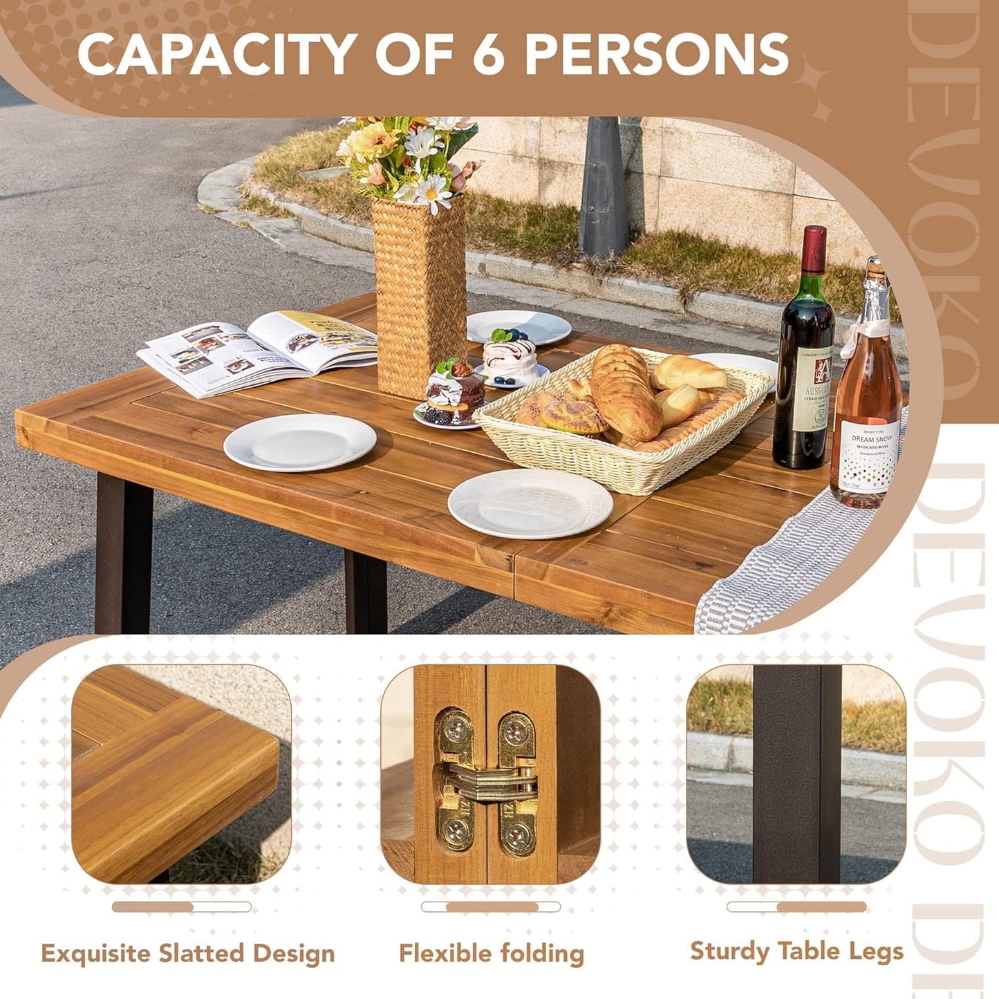 Home Acacia Wood Dining Table 6-Person Indoor Outdoor Table with Iron Legs, Sandblast Finish, Natural Stained, Rustic Metal, 69 * 33 * 30 Inch (Natural)