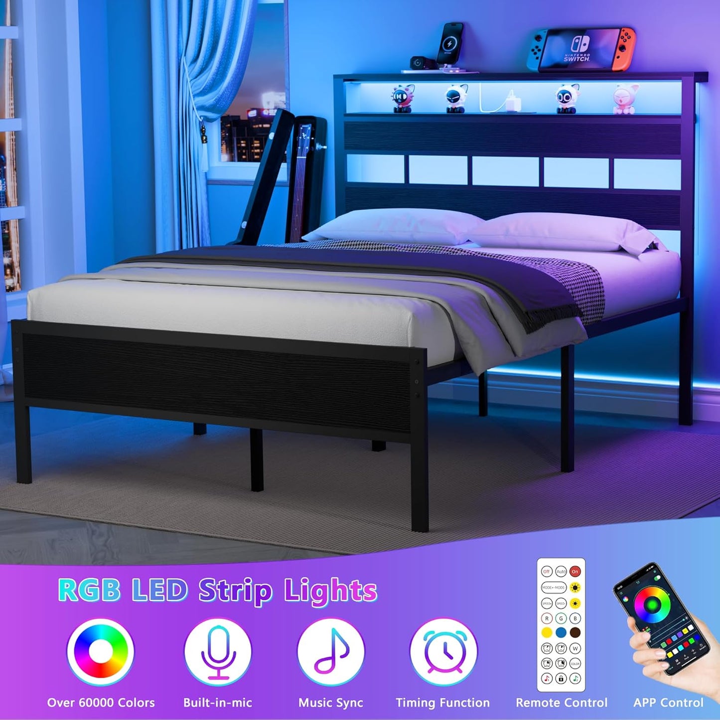 Full Size Bed Frame with LED Light and Charging Station, Wood Storage Headboard with 2-Tier Shelves, Metal Platform Bed with Heavy Duty Slats Support, No Box Spring Needed, Black Oak