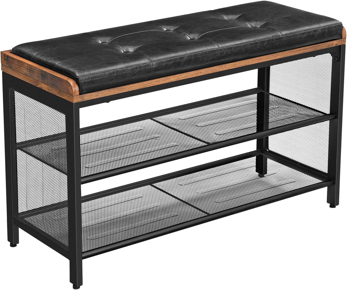 Padded Bench with Mesh Shelf, Shoe Rack, Metal Frame, Easy Assembly, Space Saving, Industrial, Imitation Leather, Hallway, Rustic Brown and Black ULBS75X