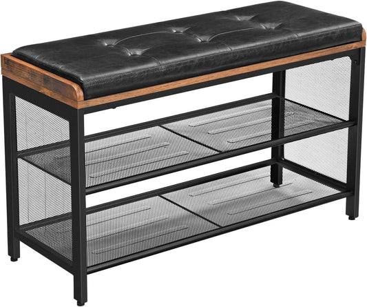Padded Bench with Mesh Shelf, Shoe Rack, Metal Frame, Easy Assembly, Space Saving, Industrial, Imitation Leather, Hallway, Rustic Brown and Black ULBS75X