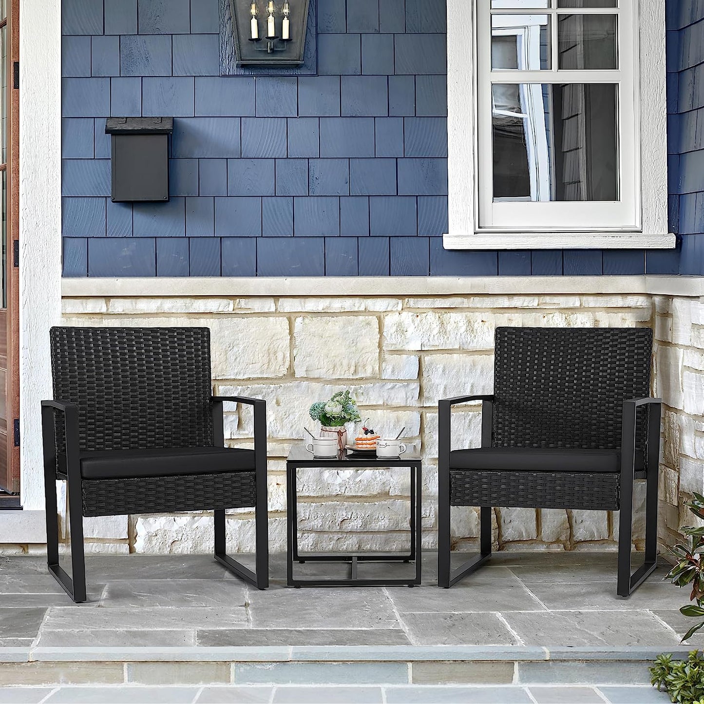 3 Pieces Outdoor Patio Wicker Furniture Set, Modern Rattan Chair Conversation Sets with Coffee Table for Yard and Bistro (Black)